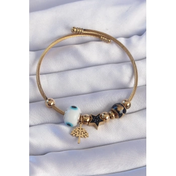 316L Çelik Gold Renk Siyah Zirkon Taşlı Yıldız Tasarımlı Ağaç Detay Nazarlı Charm Bileklik