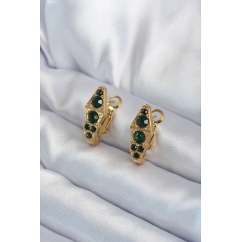 316L Çelik Gold Renk Yeşil Kristal Taş Detay Yılan Model Kadın Küpe