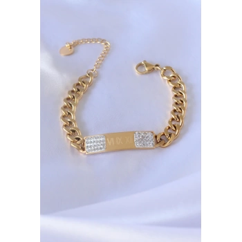 316L Çelik Gold Renk Zincir Model İşleme Detay Zirkon Taşlı Kadın Bileklik