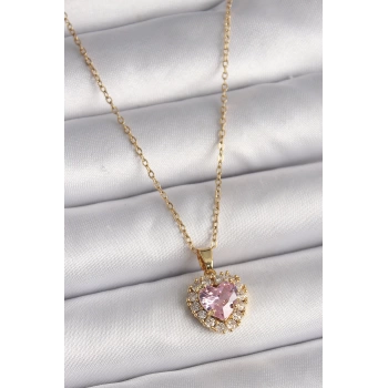 316L Çelik Gold Renk Zincir Pembe Zirkon Taşlı Kalp Model Kadın Kolye