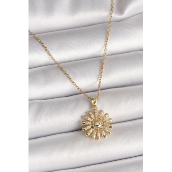 316L Çelik Gold Renk Zincir Zirkon Taşlı Güneş Model Kadın Kolye