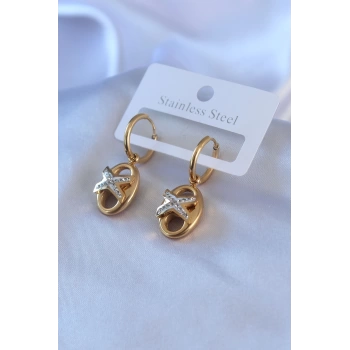 316L Çelik Gold Renk Zirkon Taş Detay Kadın Küpe
