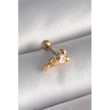 316L Çelik Gold Renk Zirkon Taş Detay Pembe Kalp İşleme Tragus Piercing