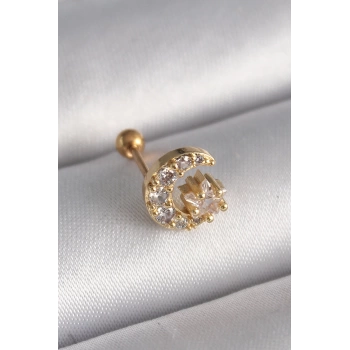 316L Çelik Gold Renk Zirkon Taşlı Ay Yıldız Tragus Piercing