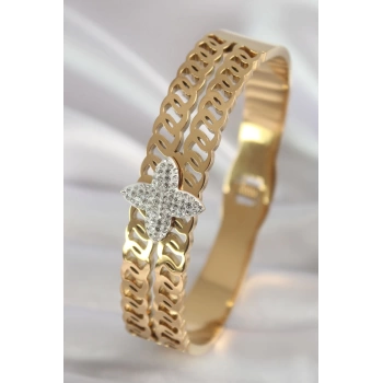 316L Çelik Gold Renk Zirkon Taşlı Çiçek Model Kadın Kelepçe
