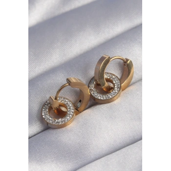 316L Çelik Gold Renk Zirkon Taşlı İç İçe Geçmeli Oval Küpe