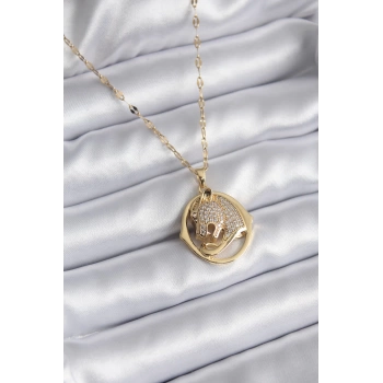 316L Çelik Gold Renk Zirkon Taşlı Jaguar Model Kadın Kolye
