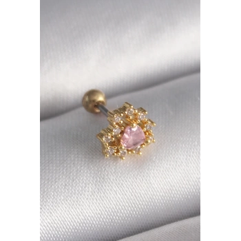 316L Çelik Gold Renk Zirkon Taşlı Kalp Tragus Piercing