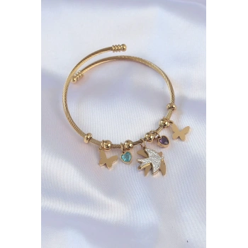 316L Çelik Gold Renk Zirkon Taşlı Minimal Kalp Detay Kelebek Charm Bileklik