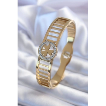 316L Çelik Gold Renk Zirkon Taşlı Yonca Model Kadın Kelepçe