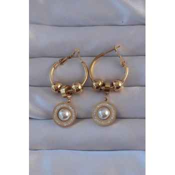 316L Çelik Gold Renk Zirkon ve İnci Taşlı Model Halka Küpe