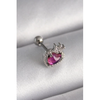 316L Çelik Gümüş Renk Pembe Mineli Kalp Zirkon Taş Detaylı Taç Tragus Piercing