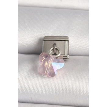 316L Çelik Gümüş Renk Pembe Zirkon Taşlı Kelebek Model Nomination Charm