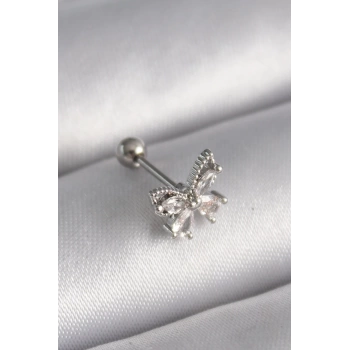 316L Çelik Gümüş Renk Zirkon Taşlı Kelebek Tragus Piercing