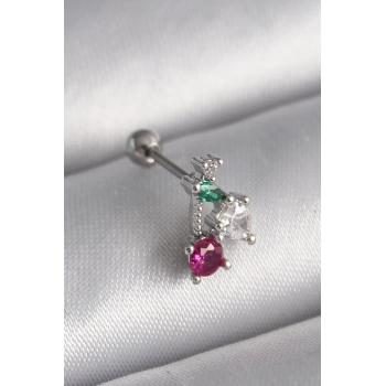 316L Çelik Gümüş Renk Zirkon Taşlı Tragus Piercing