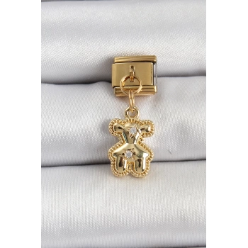 316L Çelik Sallantılı Zirkon Taşlı Ayıcık Model Gold Renk Nomination Charm