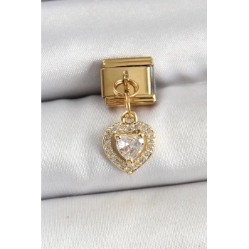 316L Çelik Sallantılı Zirkon Taşlı Kalp Model Gold Renk Nomination Charm
