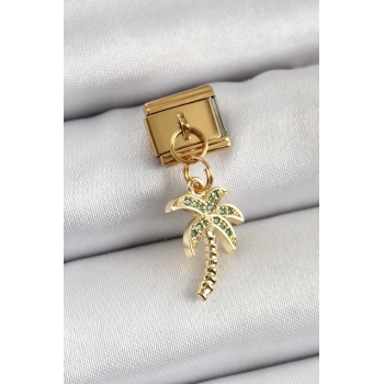 316L Çelik Sallantılı Zirkon Taşlı Palmiye Ağacı Model Gold Renk Nomination Charm