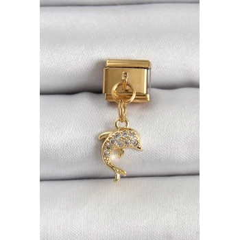 316L Çelik Sallantılı Zirkon Taşlı Yunus Balığı Model Gold Renk Nomination Charm