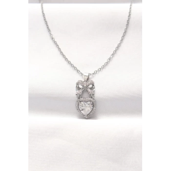316L Çelik Silver Renk Zirkon Taşlı Kalpli Fiyonk Kolye