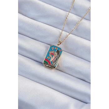 316L Çelik Zincir Altın Renk Taç ve Kız Figürlü Renkli Mineli Tarot Kolye