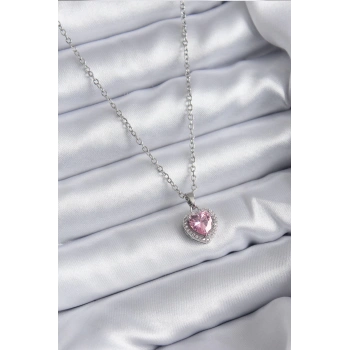 316L Çelik Zincir Gümüş Renk Pembe Zirkon Taş Charm Model Kadın Kolye