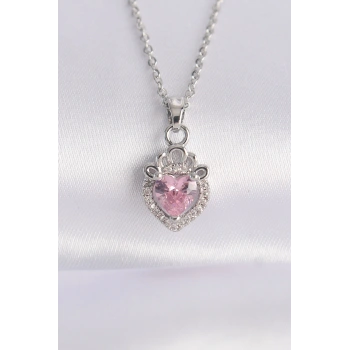 316L Çelik Zincir Gümüş Renk Pembe Zirkon Taşlı Rapunzel Kolye