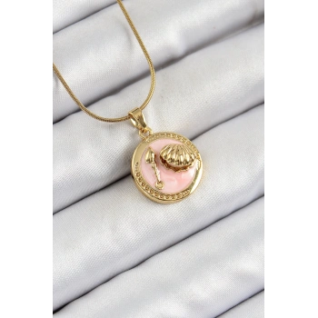 316L Çelik Zincir Pembe Mineli Sanatsal Portre İstiridye Model Gold Renk Kadın Kolye