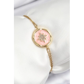 316L Çelik Zincir Pembe Mineli Sanatsal Portre Kuzey Yıldızı Model Gold Renk Kadın Bileklik