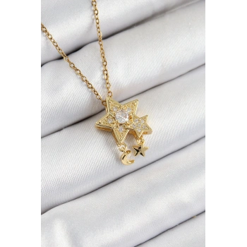 316L Çelik Zirkon Taşlı Sallantılı Yıldız Model Gold Renk Kadın Kolye