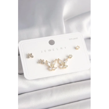 925 Ayar Gümüş Çivi Pirinç Gold Renk Zirkon Taşlı Kelebek Model Kadın Küpe Seti