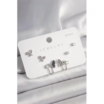 925 Ayar Gümüş Çivi Pirinç Gümüş Renk Zirkon Taşlı Kelebek Model Kadın Küpe Seti
