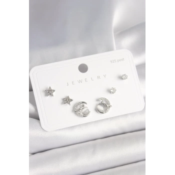 925 Ayar Gümüş Çivi Zirkon Taşlı Hilal Yıldız Model Kadın Küpe Seti