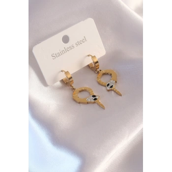 Çelik Gold Renk Yılan Figür Zirkon Taş Detay Kadın Küpe