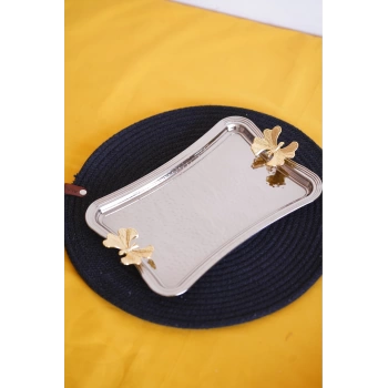 Cooker Dikdörtgen Dövme Desenli Kelebekli Kulplu Metal Tepsi 25x17 cm