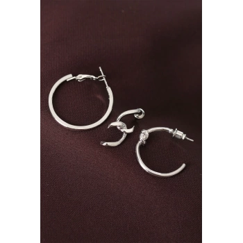 Düğüm Model Gümüş Renk Metal Çoklu Halka Küpe