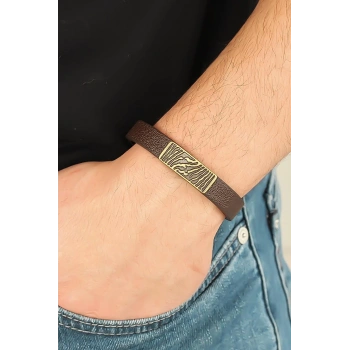Eskitme Metal Zebra Aksesuarlı Kahverengi Deri Erkek Bileklik