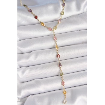 Gold Karışık Renk Zirkon Taşlı Y Pirinç Kolye