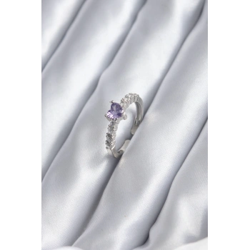 Gümüş Renk Zirkon Taşlı Mor Kristal Kalp Model Kadın Yüzük