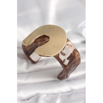 Kahverengi Mermer Desen Akrilik Plastik Gold Nal Model Plaka Vintage Kadın Bilezik