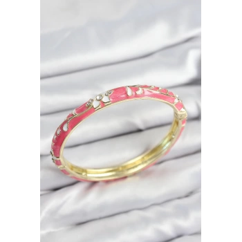 Mineli Pirinç Zirkon Taşlı Pembe Çiçek Motifli Gold Kadın Kelepçe