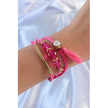 Pembe Zirkon Taşlı İpli Püskül Detay Çoklu Bileklik