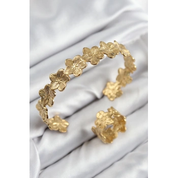 Pirinç Çiçek Model Gold Renk Bileklik Yüzük Set