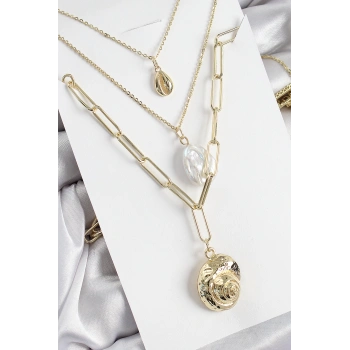 Pirinç Çoklu Zincirli İncili Deniz Kabuğu Model Gold Renk Kadın Kolye
