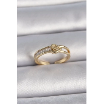 Pirinç Gold Renk Ayarlanabilir Zirkon Taşlı Düğüm Kalp Model Kadın Yüzük