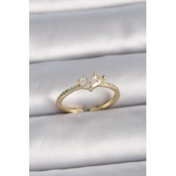 Pirinç Gold Renk Ayarlanabilir Zirkon Taşlı Kalp Model Kadın Yüzük