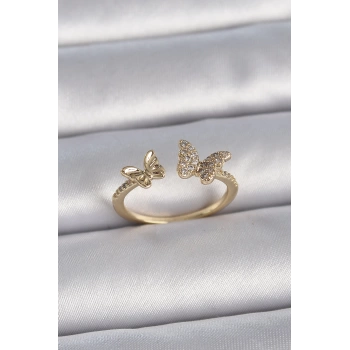 Pirinç Gold Renk Ayarlanabilir Zirkon Taşlı Kelebek Model Kadın Yüzük