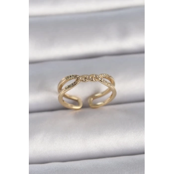 Pirinç Gold Renk Ayarlanabilir Zirkon Taşlı Sarmal Model Kadın Yüzük