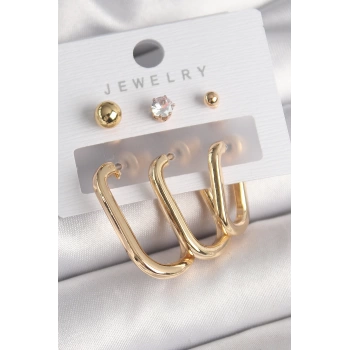 Pirinç Gold Renk Halka Model Zirkon Taş Topçuk Detay Kadın Küpe Seti
