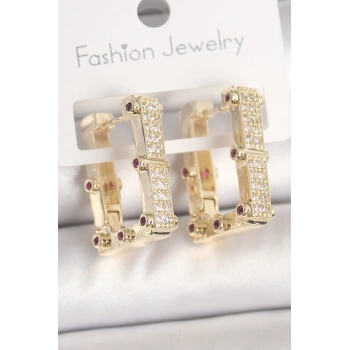 Pirinç Gold Renk Kare Zirkon Taşlı Kadın Küpe